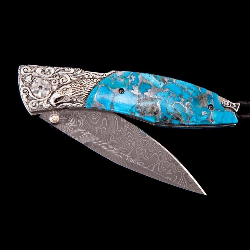 William Henry Sterling Silver Majestic Boomerang Damascus Knife  With Turquoise And Zinc Inlay And White Topaz